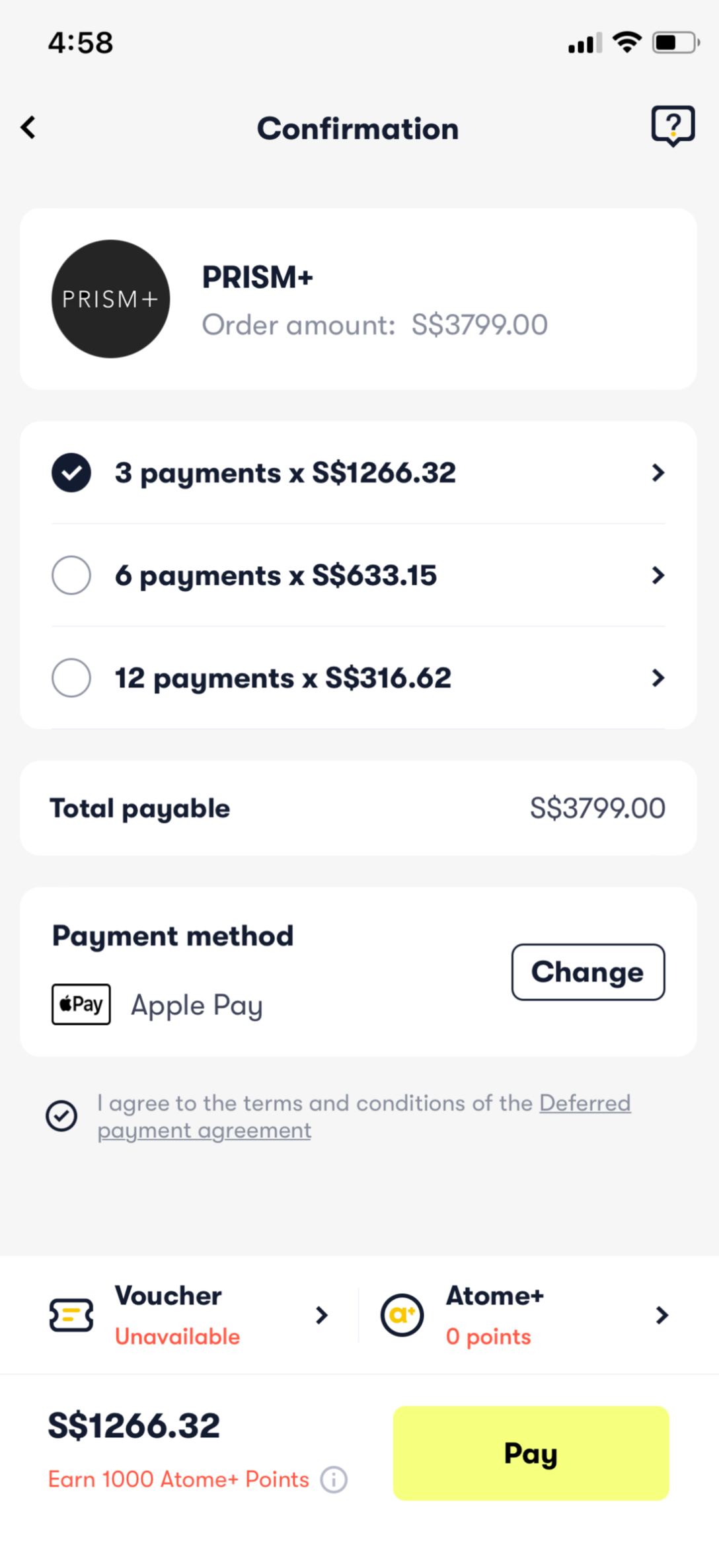 On the app, you will be redirected to the payment confirmation page. Do check if you have any Atome voucher that is applicable and verify the installment terms. Once done you may click the pay button. (help me square out the vouchers)