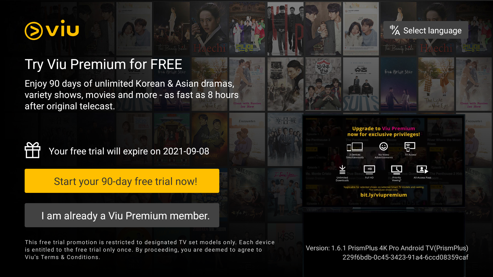 1. Launch the Viu TV app after it has been installed on the TV and click on the Start your 90-day free trial now!